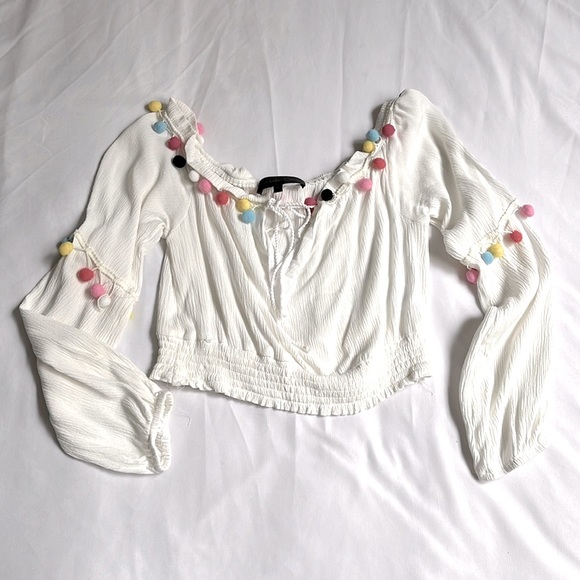 Pom poms Colorful Soft Cropped Light Summer Stretch Top - Picture 2 of 5